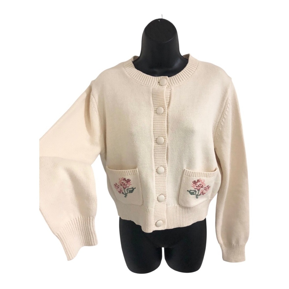 Jessica Simpson cream intarsia-style knit-in‎ rose floral cardigan size medium